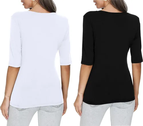 Vista 2 de Camiseta de manga media con cuello redondo para mujer, estilo casual, color liso, ajustado, de algodón