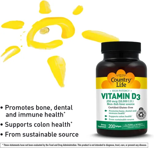Vista 4 de Country Life Vitamina D3 10,000 UI – Fuente de alta potencia sin pescado – Apoyo óseo e inmunológico – Certificado sin gluten – 200 cápsulas blandas