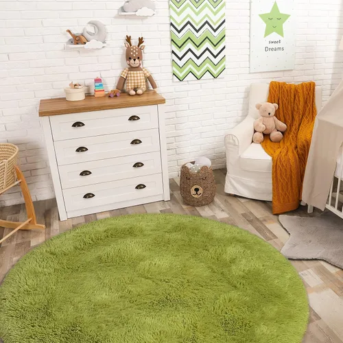 Vista 6 de Gifeas Alfombra redonda verde para dormitorio de niñas, alfombra circular esponjosa de 4 x 4 pies para decoración de habitación de niños, alfombra