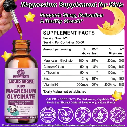 Vista 2 de Líquido de glicinato de magnesio para niños y adultos, glicinato de magnesio 200/100 mg con calcio, L-teanina, vitamina B6 zinc para un sueño