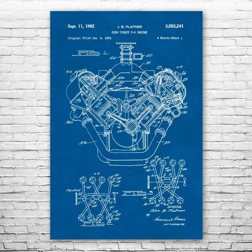 Vista 3 de V8 - Póster de motor impreso, arte de coche musculoso, hemisférico, plano del motor, taller de garaje, taller de carrocería, blanco y negro