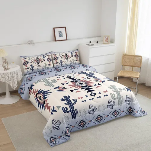 Vista 2 de Manfei Juego de edredón geométrico azteca, tamaño individual, juego de ropa de cama de cactus, vaquera occidental, decoración de habitación de niños
