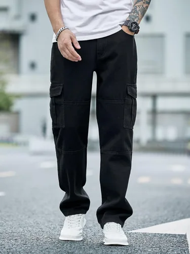 Vista 5 de WDIRARA Pantalones de mezclilla tipo cargo texturizados para hombre, pierna recta, con múltiples bolsillos con solapa