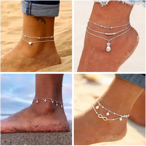 Vista 2 de KOHOTA Juego de 20 tobilleras para mujer, juego de tobilleras plateadas y doradas, estilo bohemio, cadena ajustable en capas, joyería para pies