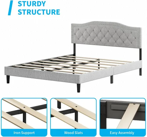Vista 7 de Mjkone Base de cama tamaño King con cabecera ajustable, marco de cama tapizado con diseño capitoné con botones, no necesita somier, base de cama
