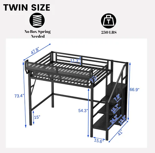 Vista 2 de Cama tipo loft individual con escaleras, cama alta de metal tamaño individual con estantes de almacenamiento y armario, estante de noche y gran