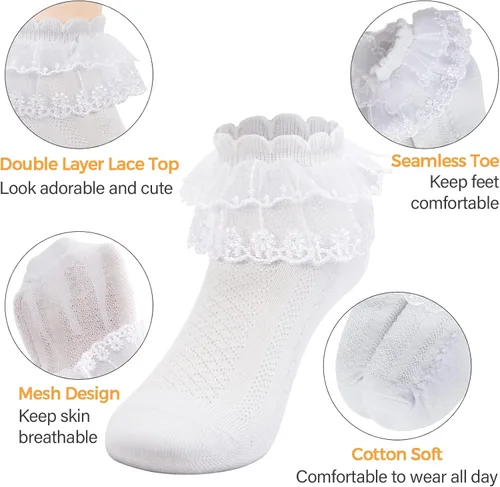 Vista 2 de Looching 45 pares de calcetines de encaje con volantes para bebé y niña, con ojales, color blanco, de princesa, de algodón, lindos calcetines