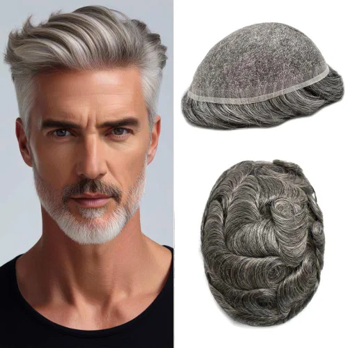 Vista 72 de Completo suizo encaje tupé para hombres pieza de pelo real sistema de reemplazo de cabello humano para hombres Toupee Hairpieces para hombres 7x9