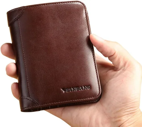 Vista 5 de Cartera de auténtica piel vacuna italiana con capacidad extra, doble pliegue, para hombre.