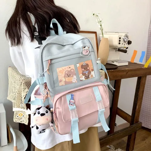Vista 2 de Bonita mochila con bonitos accesorios de alfiler, colgante de felpa, bonita mochila en colores pastel para escuela, estudiantes, adolescentes