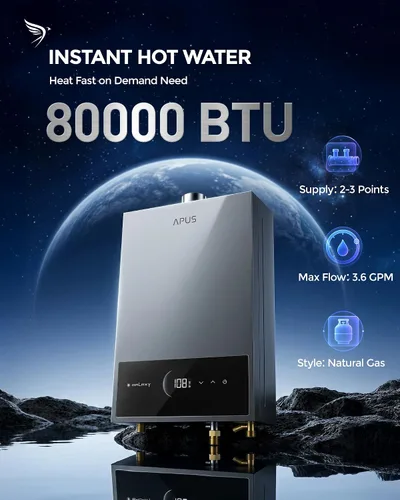 Vista 2 de APUS Calentador de agua sin tanque de gas natural, hasta 3.6 GPM, calentador de agua sin tanque para interiores, 80,000 BTU bajo demanda