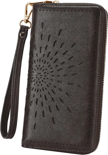 Vista 15 de APHISON Billetera para mujer, gran capacidad, monedero, tarjetero, RFID, pulsera, teléfono, cremallera, moneda, bolsillo de viaje azul