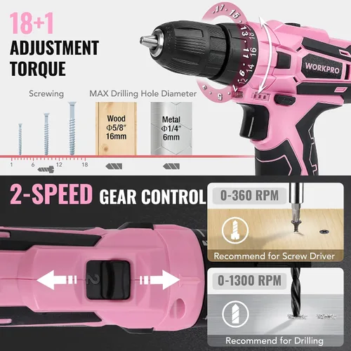 Vista 6 de WORKPRO Juego de herramientas rosa con taladro eléctrico, kit de taladro rosa portátil de 108 piezas para damas para el hogar con caja
