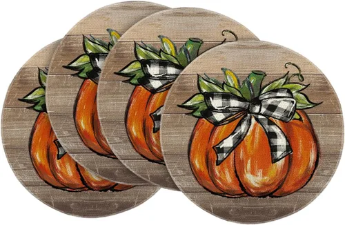 Vista 12 de Artoid Mode Juego de 4 manteles individuales de otoño con diseño de calabaza a cuadros de búfalo de 12 x 18 pulgadas para decoración de fiestas
