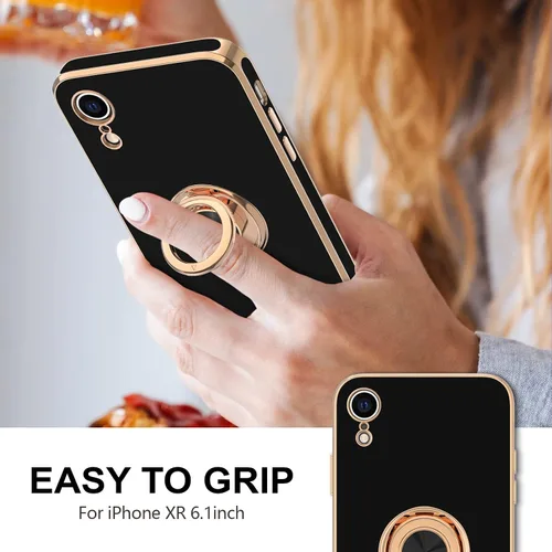 Vista 2 de Hython Funda para iPhone XR con soporte de anillo [soporte de anillo giratorio de 360° con soporte magnético] chapado en oro rosa brillante borde