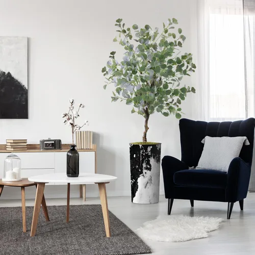 Vista 10 de Árbol artificial en macetero contemporáneo con efecto de granito, palmera tropical areca artificial de seda para decoración del hogar en interiores