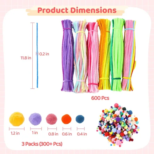 Vista 4 de 900+ Pcs Pipe Cleaners Kit, Chenille Stems with Colorful Pom Poms for DIY Art and Craft Supplies, Creative Handmade Set for School Projects