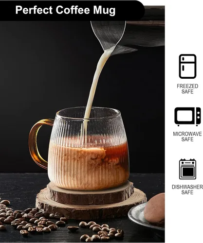 Vista 5 de Juego de 2 tazas de café de cristal únicas de alta calidad con elegante patrón de rayas verticales, mango amarillo claro (transparente)