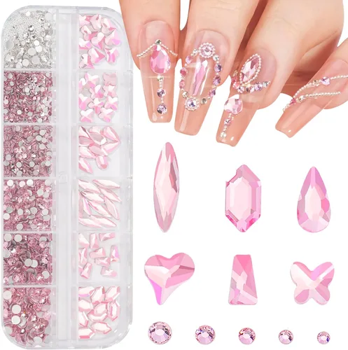 Vista 9 de Kit de diamantes de imitación de cristal 3D rosa claro multiformas para uñas, mezcla de 0.031 in, cuentas redondas plateadas para uñas, gemas