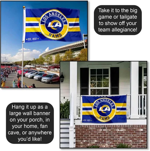 Vista 4 de Bandera grande de Los Angeles Rams con botón de parche y logotipo circular de 3 x 5 pulgadas