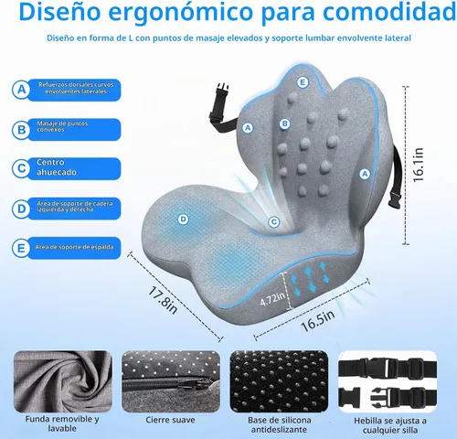 Vista 2 de Cojín de asiento de espuma viscoelástica con soporte lumbar para alivio del dolor de ciática y coxis, silla de oficina, silla de ruedas, asiento