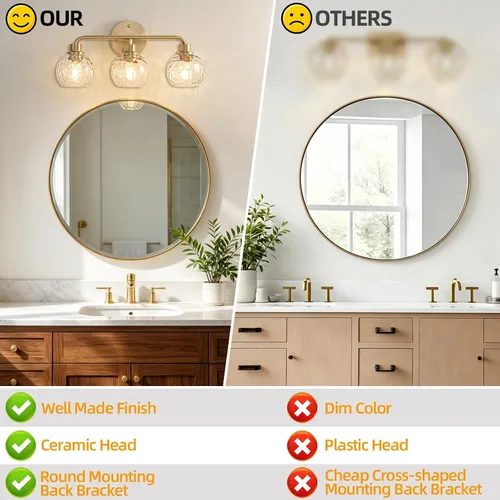 Vista 8 de Lámparas de baño doradas para tocador, 3 luces, apliques de pared, luces de latón cepillado con pantalla de vidrio martillado, lámpara de pared