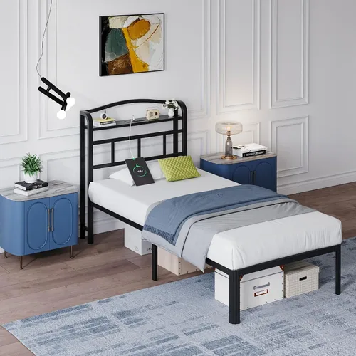 Vista 5 de SHOANED Base de cama de metal de 14 pulgadas, base de colchón básica de plataforma resistente de color negro con cabecera y estación de carga,