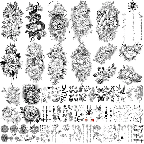 Vista 9 de 77 hojas de tatuajes temporales realistas en 3D para adultos y niños, cráneo, tigre, lobo, león, dragón, araña, serpiente, tatuajes temporales