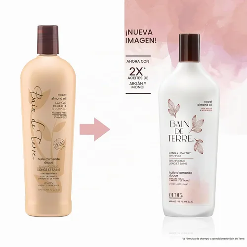Vista 2 de Bain de Terre Champú largo y saludable con aceite de almendras dulces, fuerza y protección para cabello débil y dañado, con aceites de argán