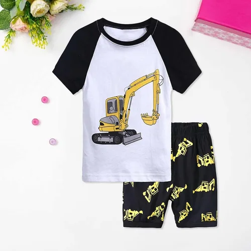 Vista 2 de Camisa para niños pequeños con pajarita, manga corta, estampado de excavadora, pantalones cortos para niños de 1 a 7 años, ropa para niños de 12 años