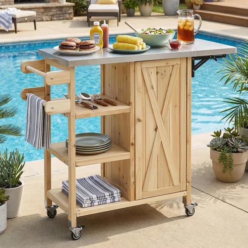 Vista 24 de JIVOIT Isla de cocina al aire libre de 78.3 pulgadas con mesa plegable, carrito de madera para exteriores con almacenamiento de basura y parte