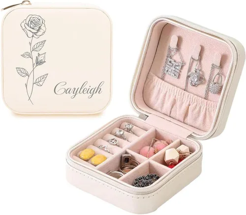 Vista 7 de Joyero personalizado con tu nombre y mes de la flor de nacimiento, organizador de joyas de cuero personalizado, estuche de viaje, regalos Negro