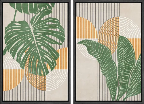 Vista 107 de IDEA4WALL Lienzo Enmarcado Impreso Arte de Pared Set Paisaje de Hojas de Palma de Selva de Mediados de Siglo Naturaleza Silvestre Ilustraciones Arte