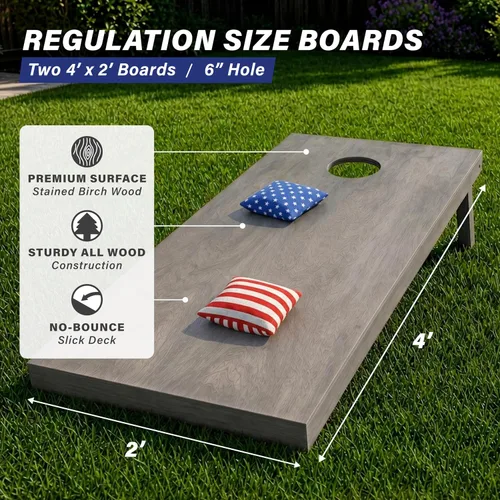 Vista 3 de GoSports 4 ft x 2 ft Regulation Size Wooden Cornhole Boards Set with Light Gray Finish - Includes Carrying Case Estrellas y rayas americanas