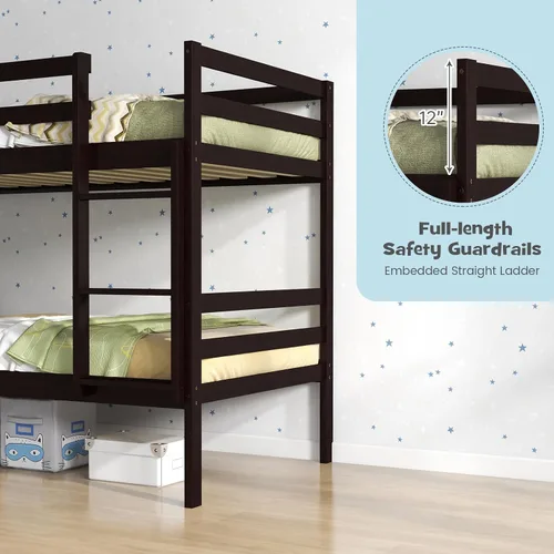 Vista 5 de Litera individual sobre individual, marco de cama de madera que ahorra espacio con almacenamiento debajo de la cama, escalera y barandilla Espresso