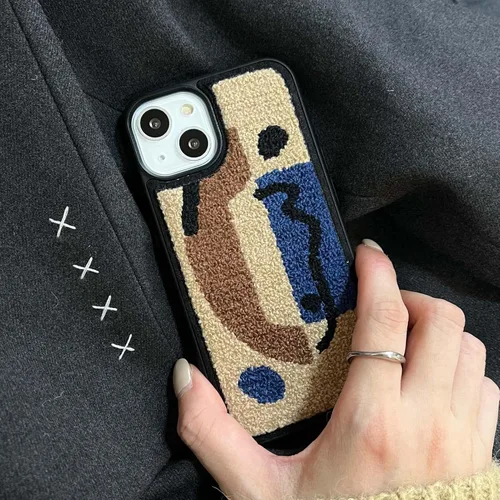 Vista 3 de Funda de teléfono geométrica de felpa cálida retro compatible con iPhone 14 Pro, elegante funda abstracta con bordado de toalla, funda protectora