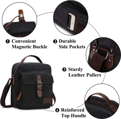 Vista 5 de RAVUO Bolso bandolera pequeño para hombre, resistente al agua, de lona, bolso cruzado vintage para viajes y trabajo
