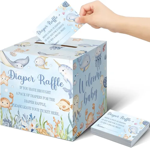 Vista 39 de Teling 51 boletos para rifas de pañales con caja de tarjetas, decoración de baby shower, caja de revelación de género para fiesta de rifas