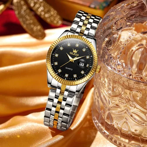 Vista 3 de OLEVS Relojes para mujer con diamantes de lujo para mujer, relojes analógicos de cuarzo resistente al agua, fecha de día, reloj de pulsera de acero