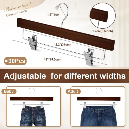 Vista 2 de Sieral Paquete de 30 perchas de madera para pantalones con clips de madera maciza, faldas de madera maciza con 2 clips ajustables, gancho giratorio