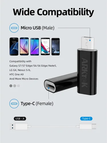 Vista 2 de ARKTEK Adaptador micro USB a USB C, tipo C hembra a microUSB macho convertidor para sincronización de datos OTG (negro, micro USB a tipo C)