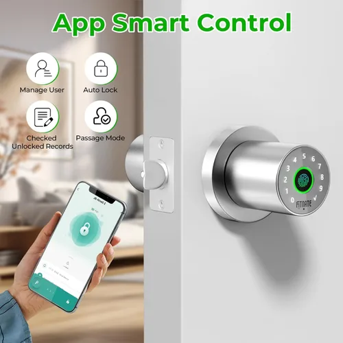 Vista 3 de FITNATE Pomo de puerta de huellas dactilares con teclado, perilla de puerta inteligente con control de aplicación, cerradura de puerta biométrica