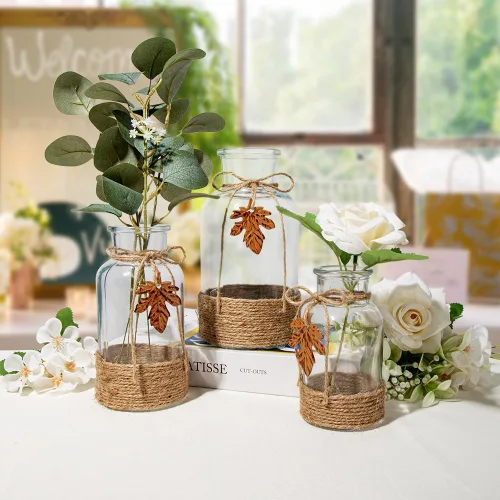 Vista 3 de Juego de 3 jarrones de vidrio transparente, jarrones de flores vintage, botellas de vidrio decorativas para centros de mesa, decoración de mesa