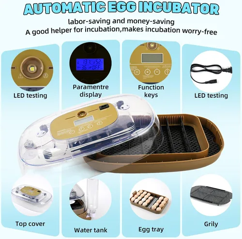 Vista 3 de Ploomi Incubadora de 24 huevos con recarga automática de agua y control de humedad, girador automático de huevos, vela LED integrada, preprogramas
