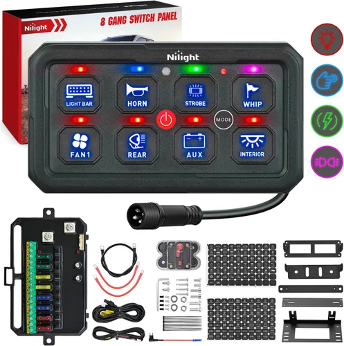 Vista 24 de Nilight Panel de Interruptores de 6 Posiciones Sistema de Relé de Control de Circuito Universal con Arnés de Cableado con Fusible LED Pod Regulable