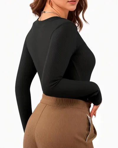 Vista 4 de MANGOPOP Body sexy de manga larga con cuello cuadrado para mujer