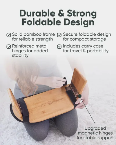 Vista 4 de Mindful Modern Banco de meditación plegable – Taburete arrodillado de bambú con bisagras magnéticas de bloqueo, silla Seiza de oración con almohada