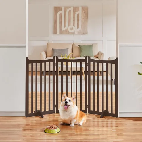 Vista 2 de Topeakmart Valla para perros para interiores de 36 pulgadas de alto, 3 paneles de puerta plegable de madera para mascotas con 2 pies de soporte