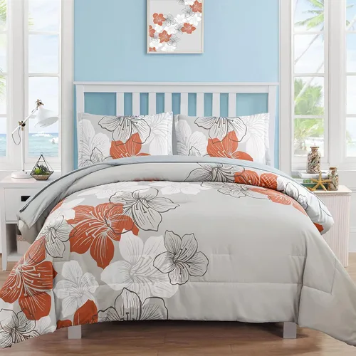 Vista 22 de Luxudecor Juego de edredón floral tamaño individual, 6 piezas de cama en una bolsa, edredón floral azul y juego de sábanas, juego de ropa de cama