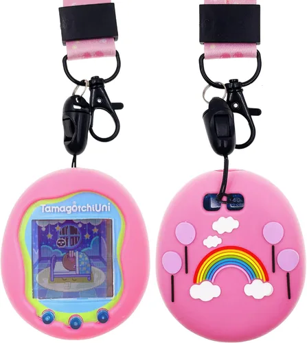 Vista 8 de Funda de silicona, cordón y película protectora de pantalla para máquina de juegos interactiva virtual Tamagotchi Uni (rosa)